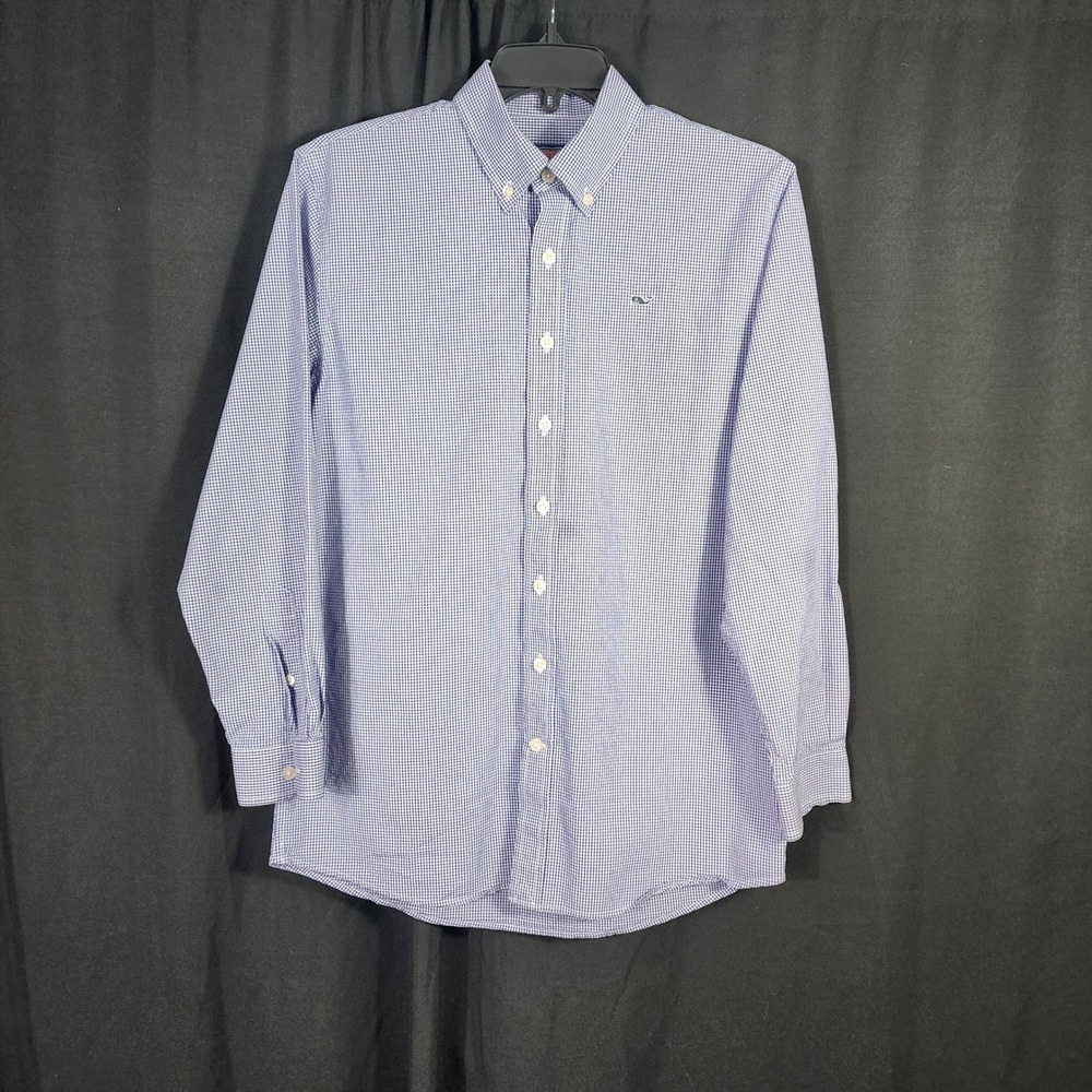 Vineyard Vine Boy L 16-18 Whale Shirt Blue White Gingham Button Down Long Sleeve